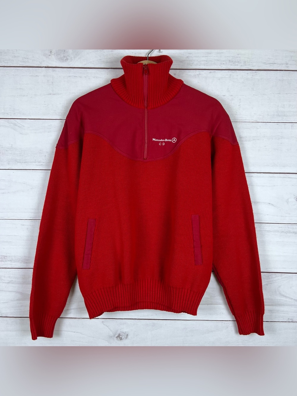 Vintage 80s Mercedes Benz Red Mock Neck Zip Sweater Size Small Mens